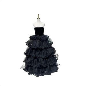 Mac Duggal 67408 Black Strapless Tiered Ruffle Gown Size 6 $1198